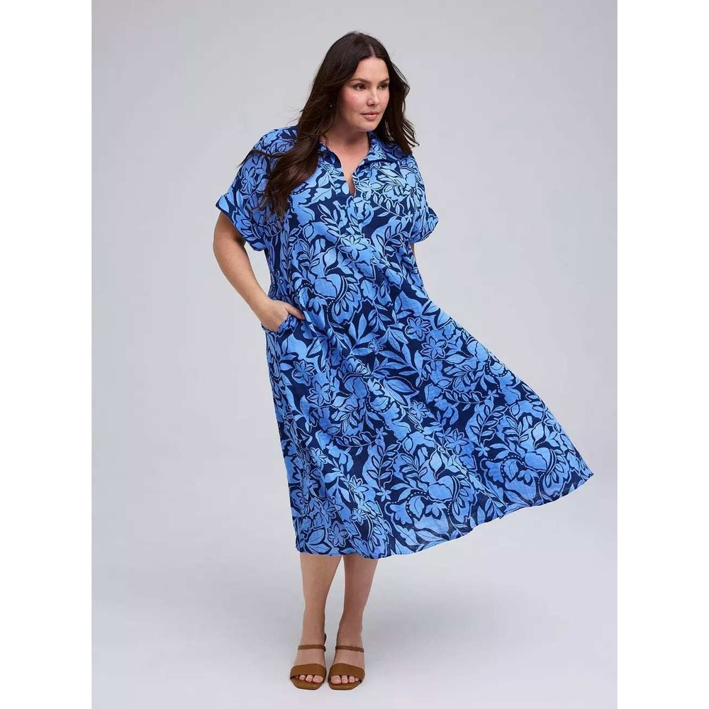 Belle Asle Blue Floral Organic Linen Midi Caftan Dress Short Sleeve Pocket - Picture 6 of 16